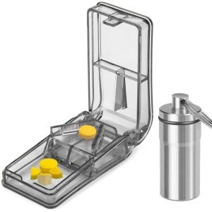 imageJohnBee Pill Cutter  Best Pill Cutter for Small or Large Pills  Designed in The USA Cuts Vitamins  Pill Splitter with Shield  Includes Keychain Pill Holder GrayDark Grey
